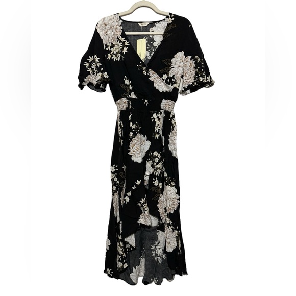 Dresses & Skirts - Kor Mei Long Modest Black White Floral Faux Wrap Midi Dress‎ Women’s Size Medium
